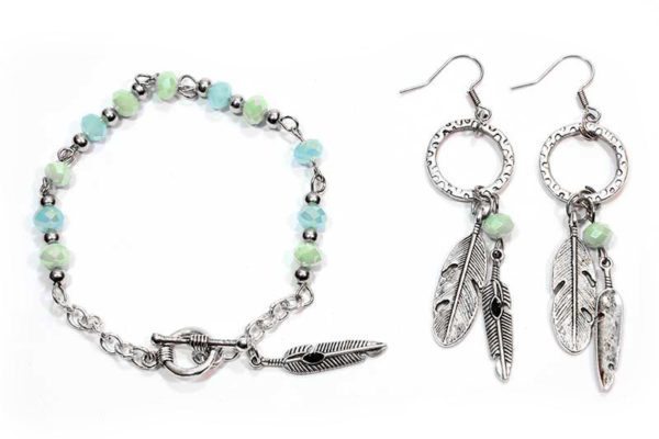 emerald waters serenity feather necklace bracelet and earrings