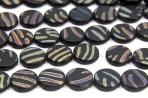 Frosted Black Coin with Rainbow Stripes Peacock Beads