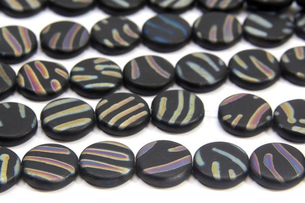 Frosted Black Coin with Rainbow Stripes Peacock Beads