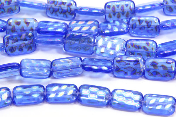 French Blue Rectange with Rainbow Drop Peacock Beads