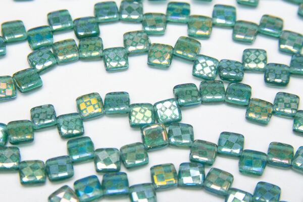 Teal Checker Stenciled 2-Hole 6mm Tile Beads