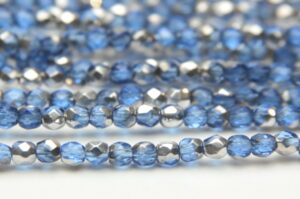3mm Metallic Silver Semi Coated Atlantic Blue Firepolished Czech Glass
